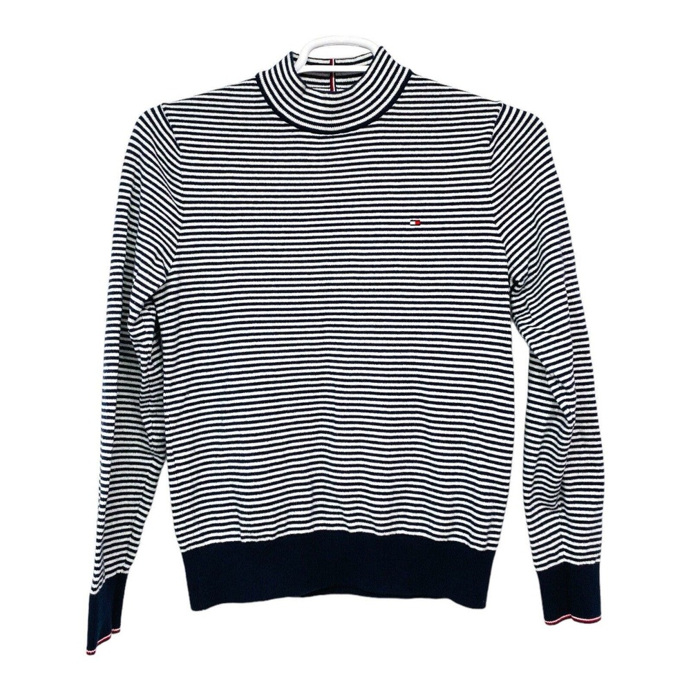 Tommy Hilfiger Sweater Womens Size S‎ Black White Striped Turtleneck Long Sleeve